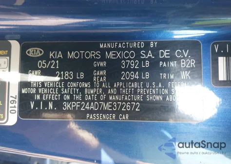 2021 Kia Forte Lxs from USA, damaged, VIN 3KPF24AD7ME372672